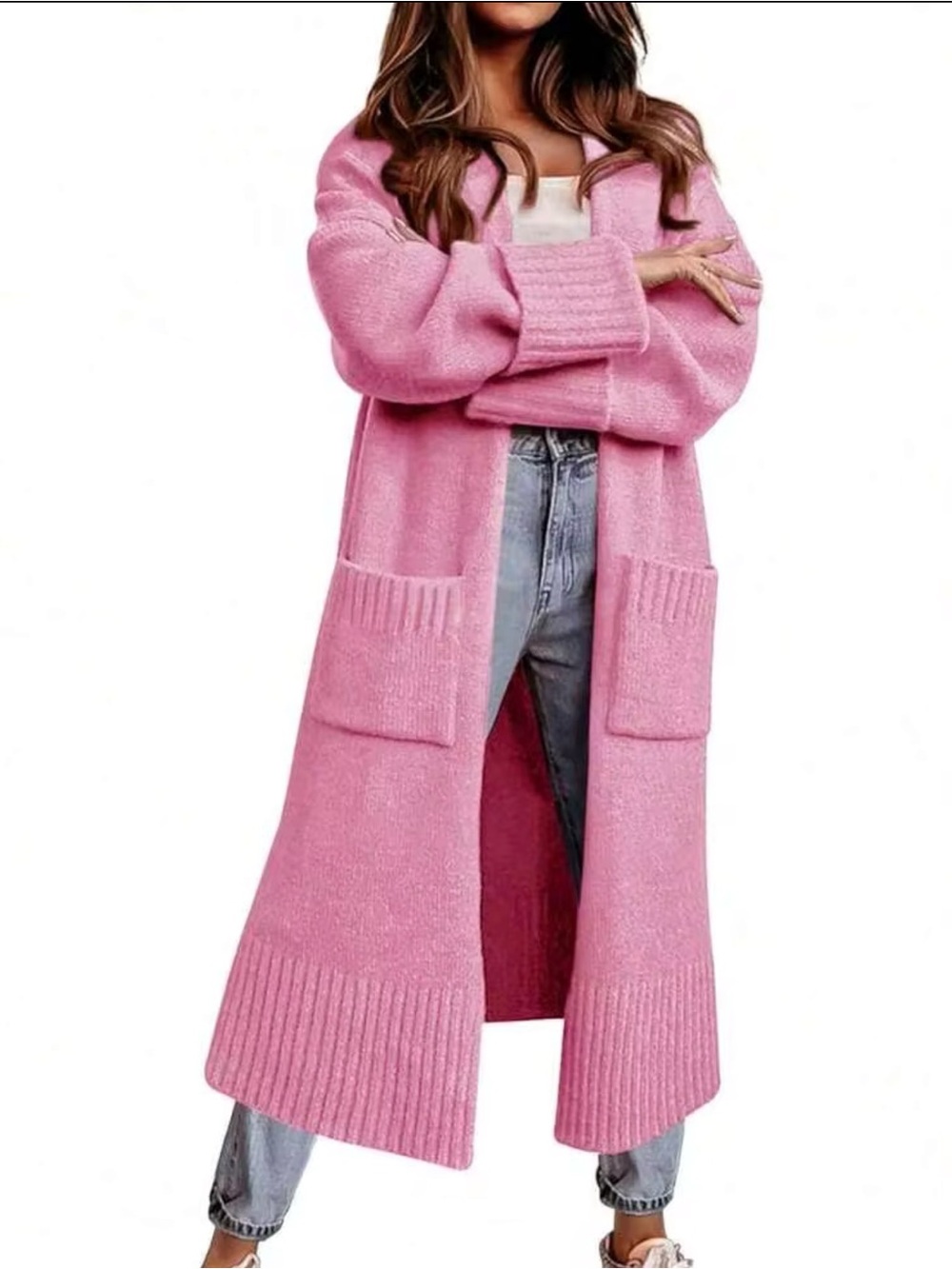 Long Open-Front Pink Knit Cardigan Sweater Amazon